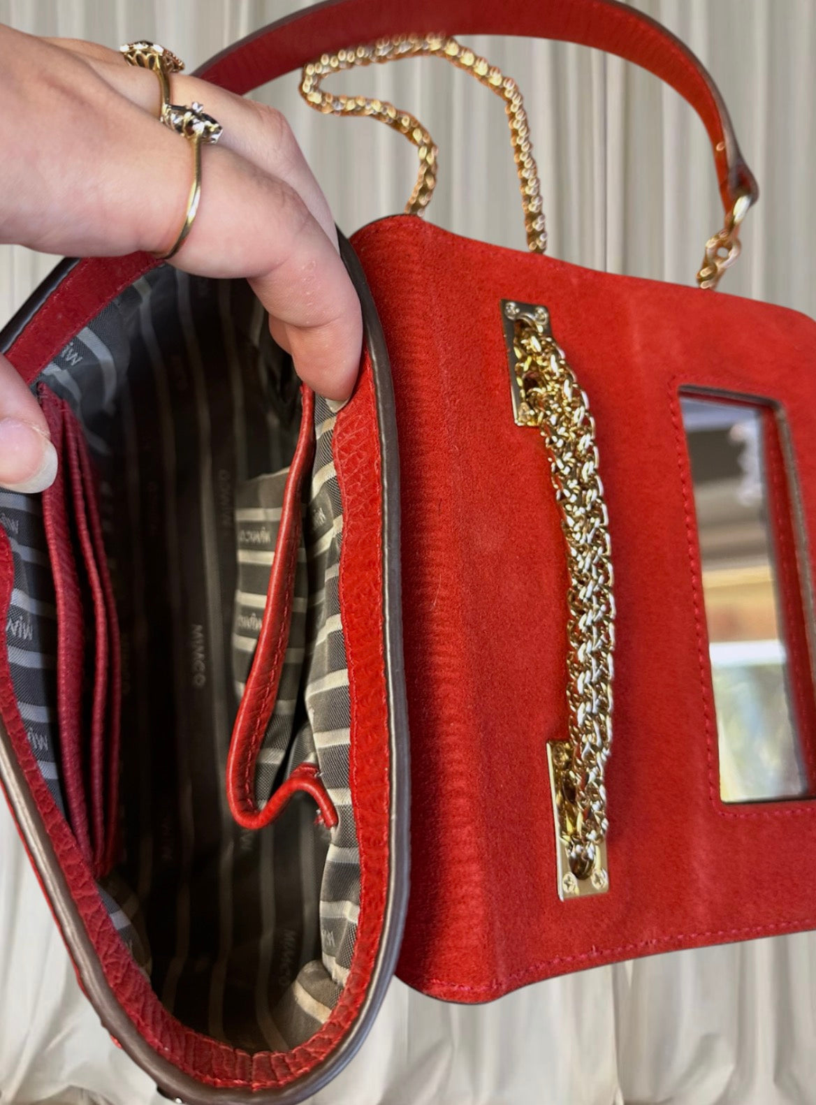 Mimco Women's Crossbody Bag Red Leather Gold Chain Stud Detail