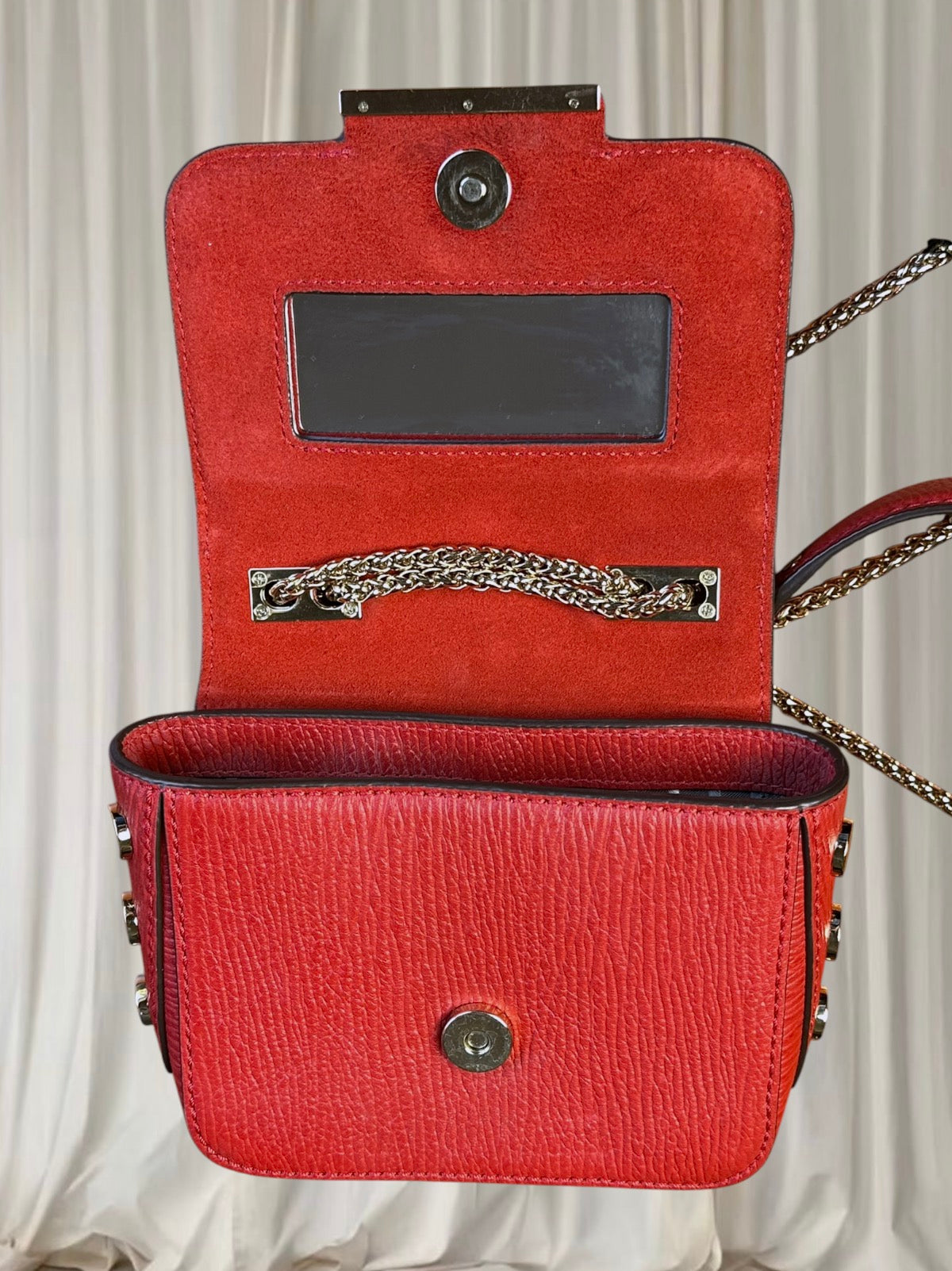 Mimco Women's Crossbody Bag Red Leather Gold Chain Stud Detail