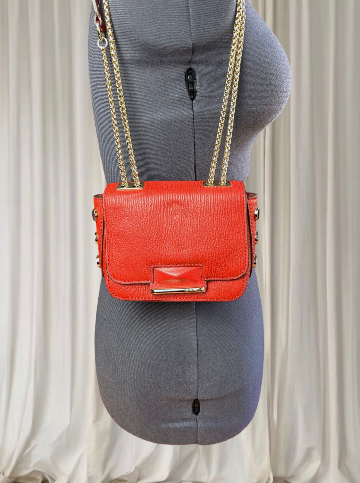Mimco Women's Crossbody Bag Red Leather Gold Chain Stud Detail