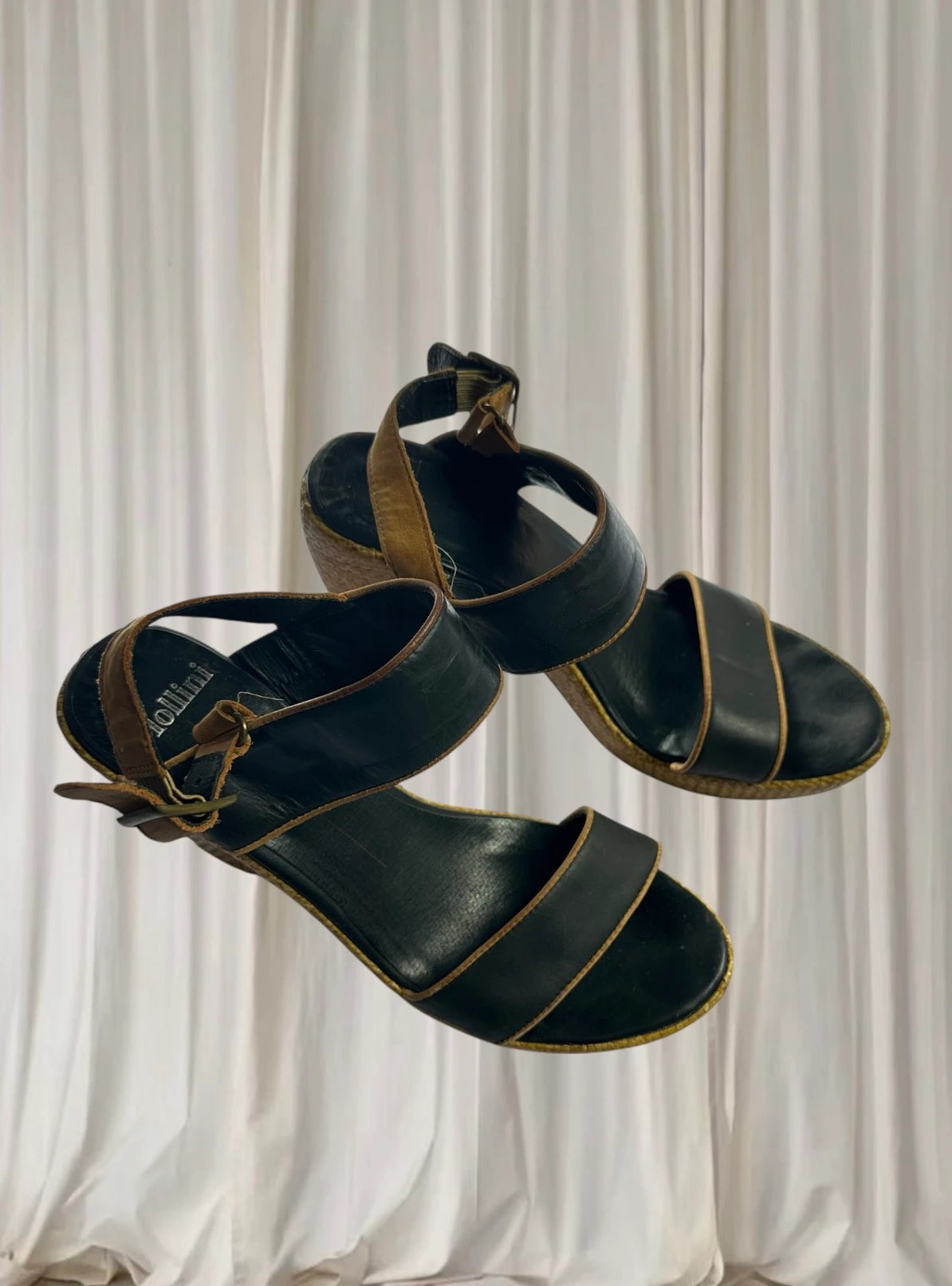 Mollini Vintage Black Leather Sandals - Woven Rattan Block Heel - Image 4