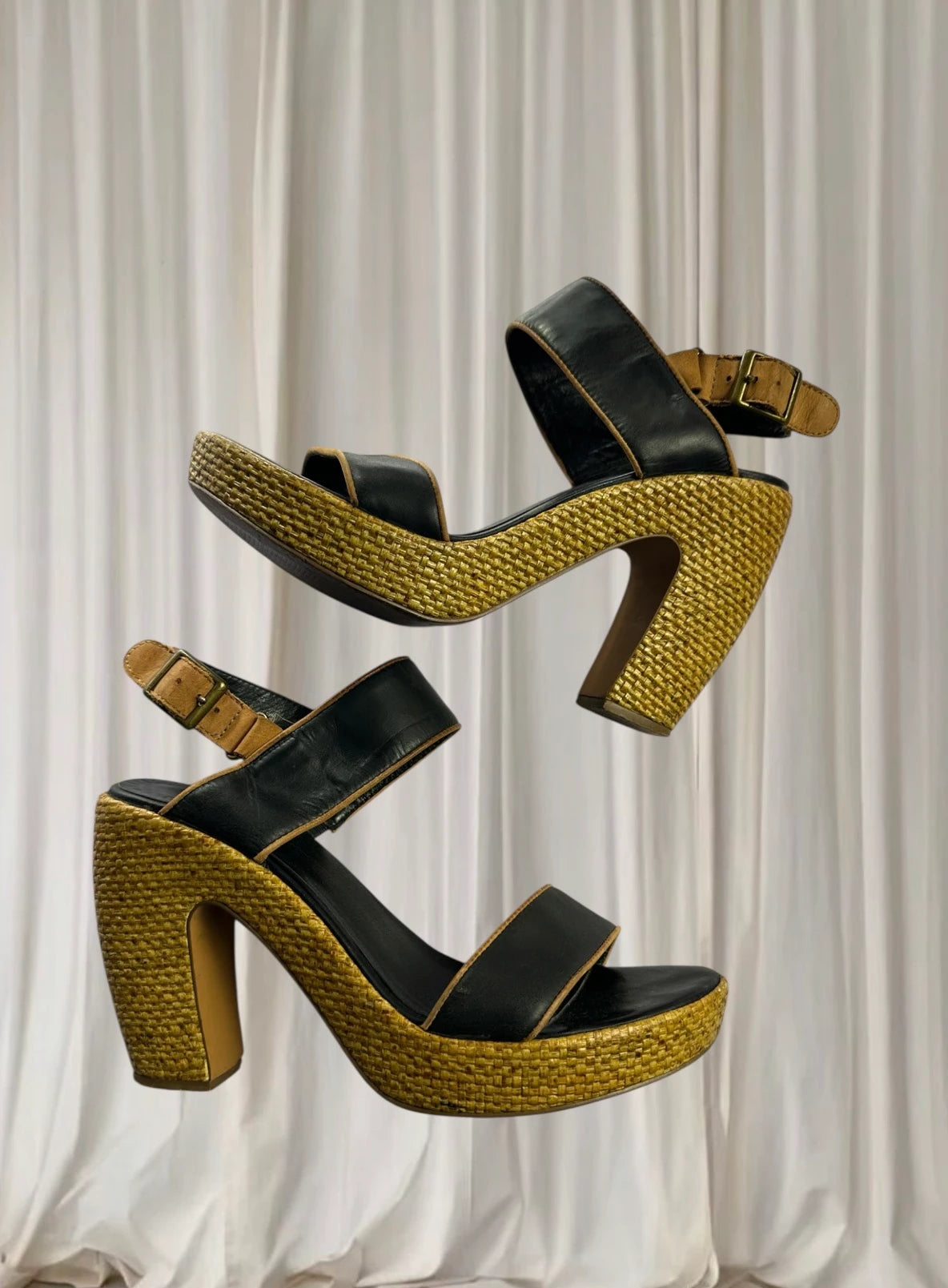 Mollini Vintage Black Leather Sandals - Woven Rattan Block Heel - Image 1