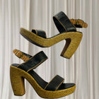 Mollini Vintage Black Leather Sandals - Woven Rattan Block Heel - Image 1