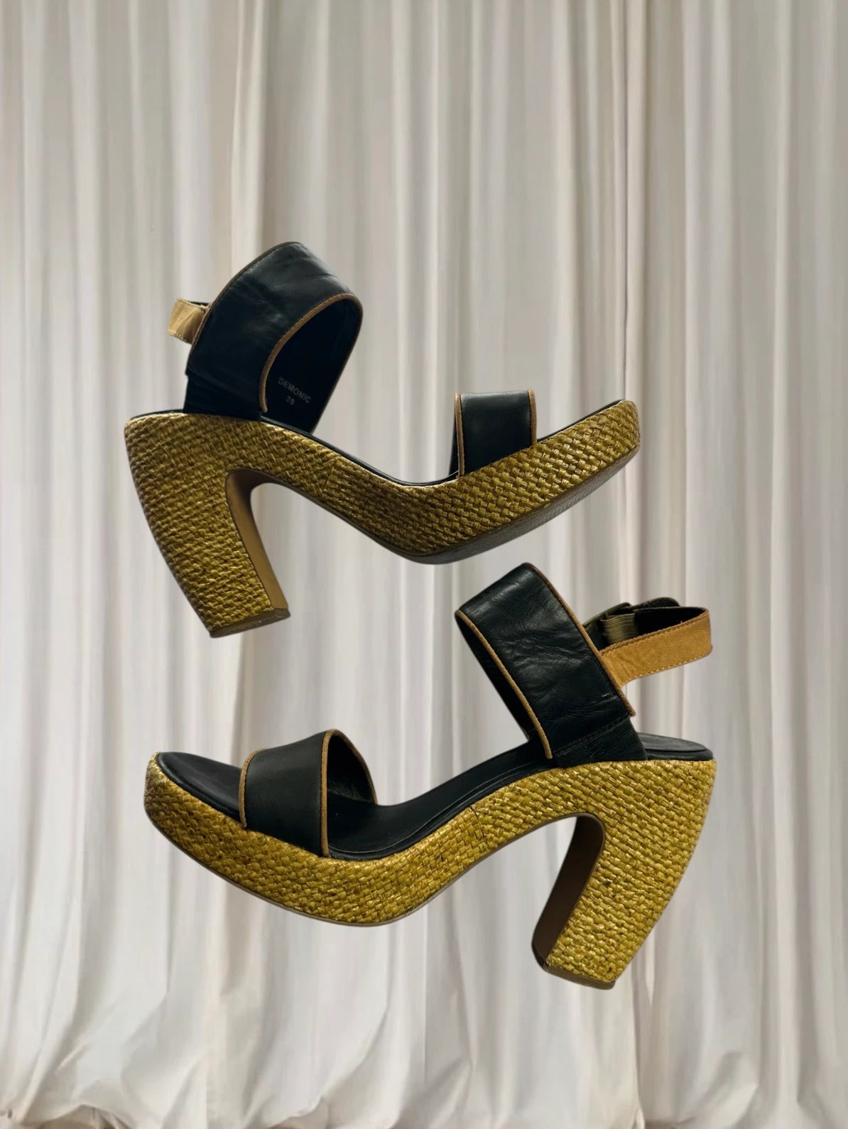 Mollini Vintage Black Leather Sandals - Woven Rattan Block Heel - Image 2