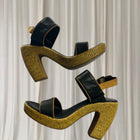 Mollini Vintage Black Leather Sandals - Woven Rattan Block Heel - Image 2