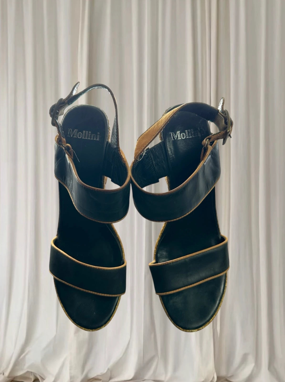 Mollini Vintage Black Leather Sandals - Woven Rattan Block Heel - Image 3