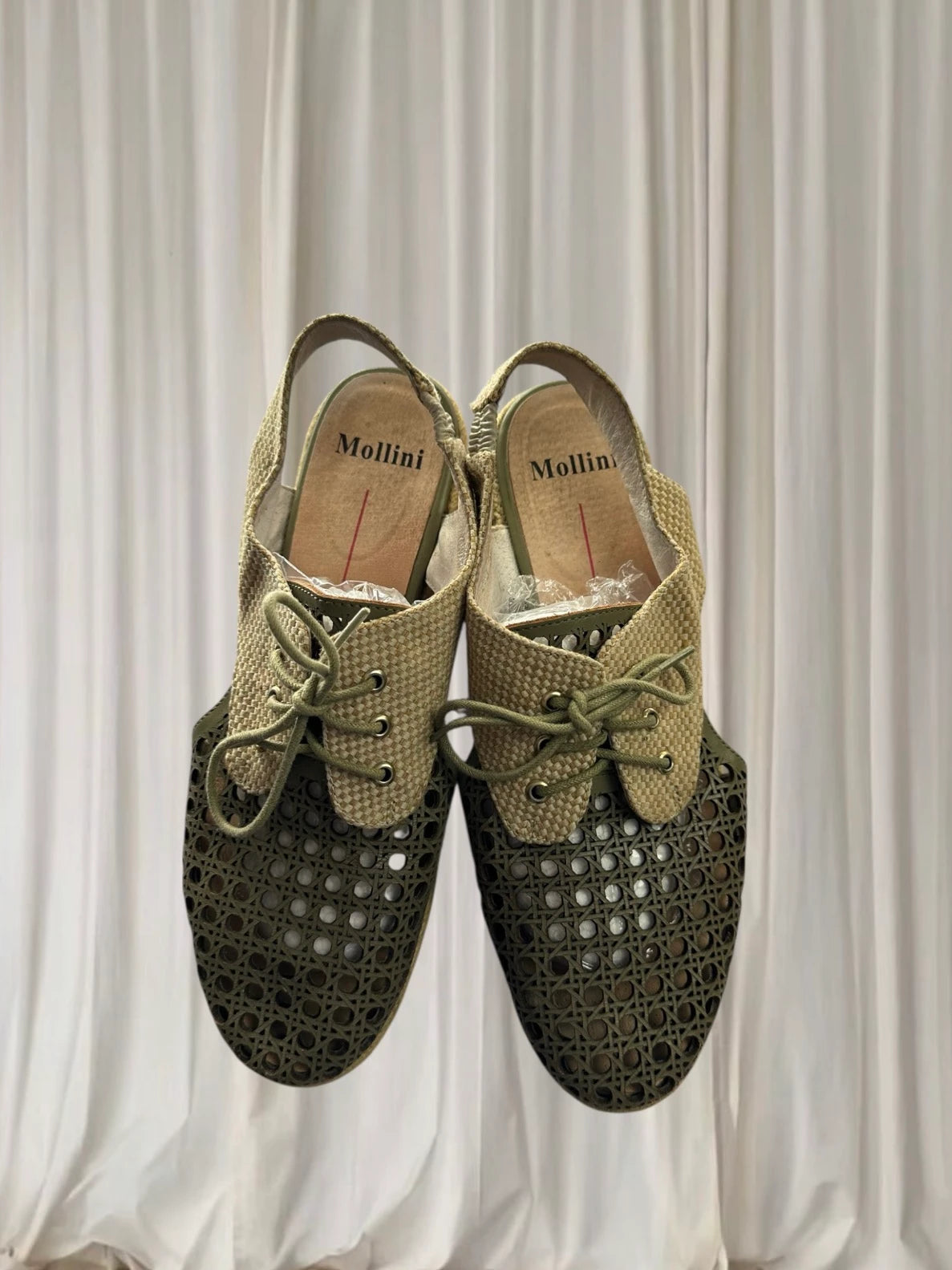 Mollini Woven Tie-Up Flats - Green and Beige Casual Footwear - Image 2