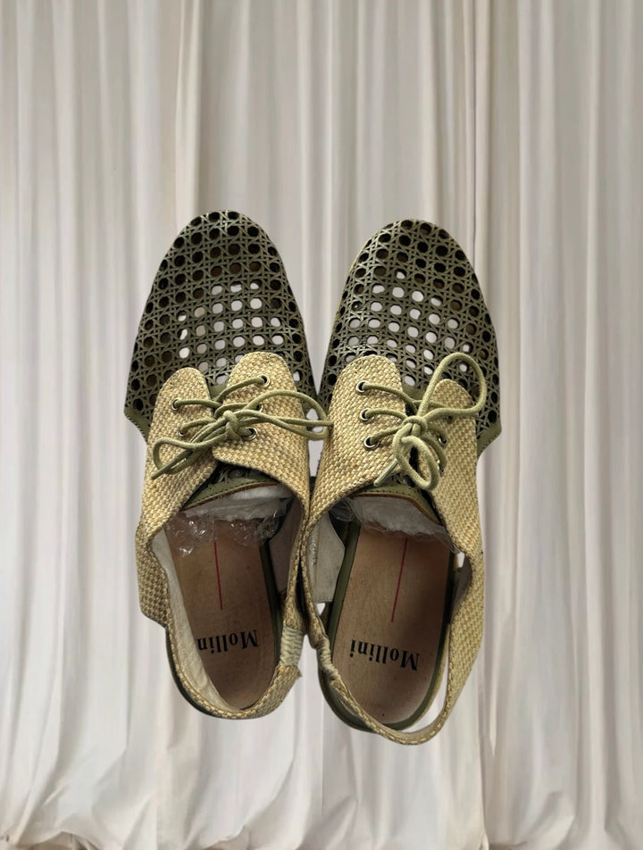 Mollini Woven Tie-Up Flats - Green and Beige Casual Footwear - Image 1