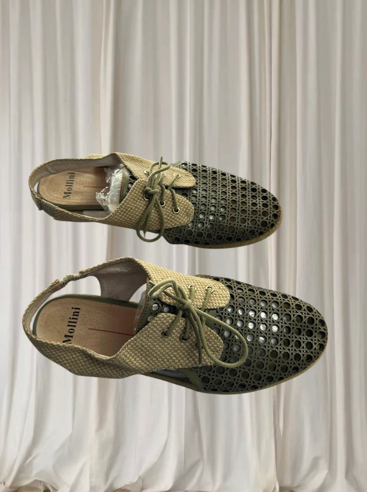 Mollini Woven Tie-Up Flats - Green and Beige Casual Footwear - Image 4