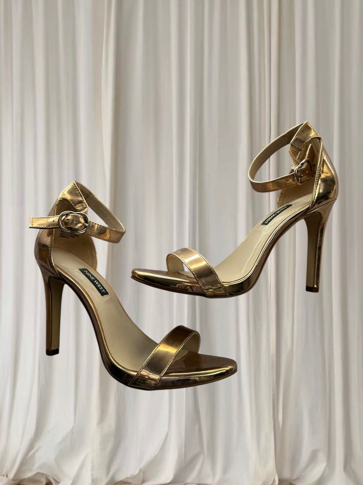 Nine West Gold Metallic High-Heeled Sandals - Elegant Evening Style