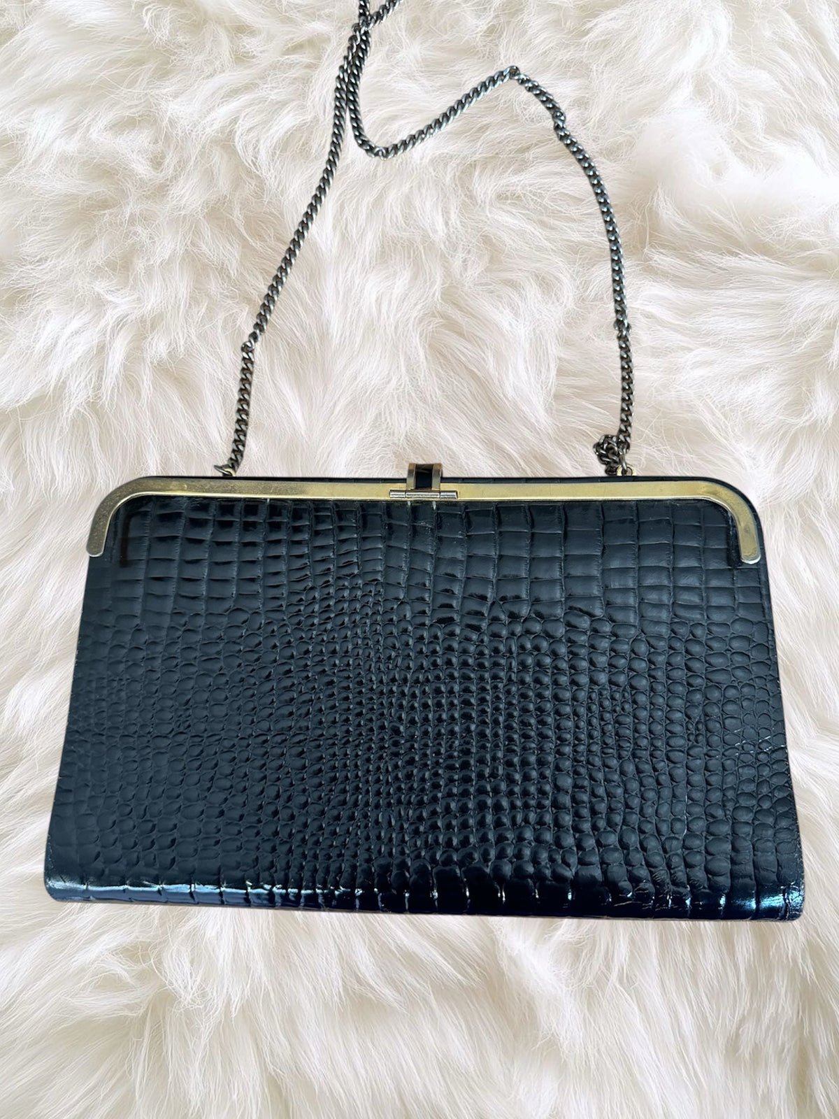 Vintage black crocodile-pattern clutch with chain shoulder strap