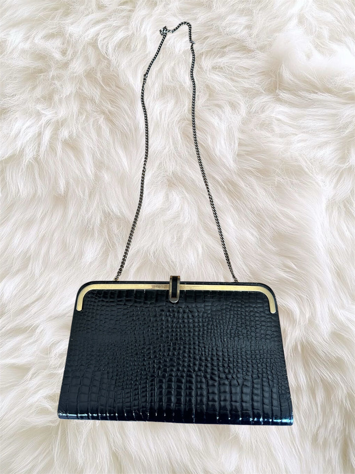 Vintage black crocodile-pattern clutch with chain shoulder strap