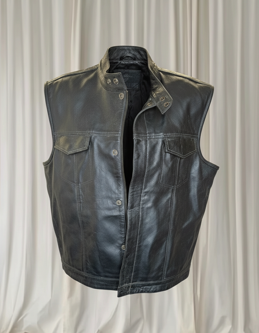 PTC Brunswick VIC Men's Black Leather Motorcycle Vest - Premium 4XL Biker Style - Image 1