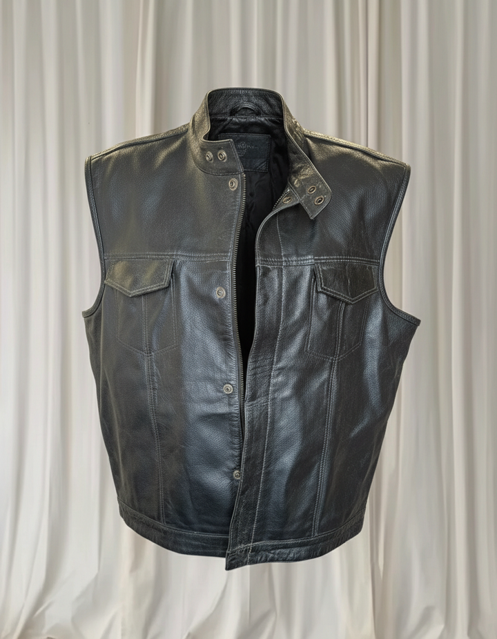 PTC Brunswick VIC Men's Black Leather Motorcycle Vest - Premium 4XL Biker Style - Image 1