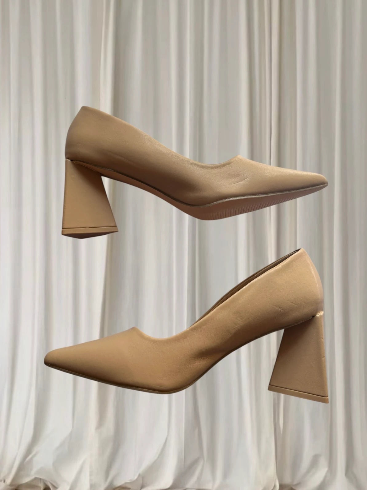 Therapy Pointed-Toe Heels - Beige Triangular Block Heel - Image 4
