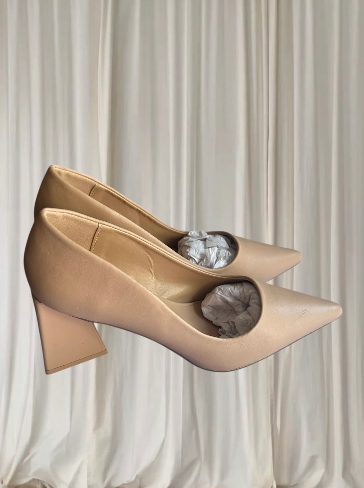 Therapy Pointed-Toe Heels - Beige Triangular Block Heel - Image 3