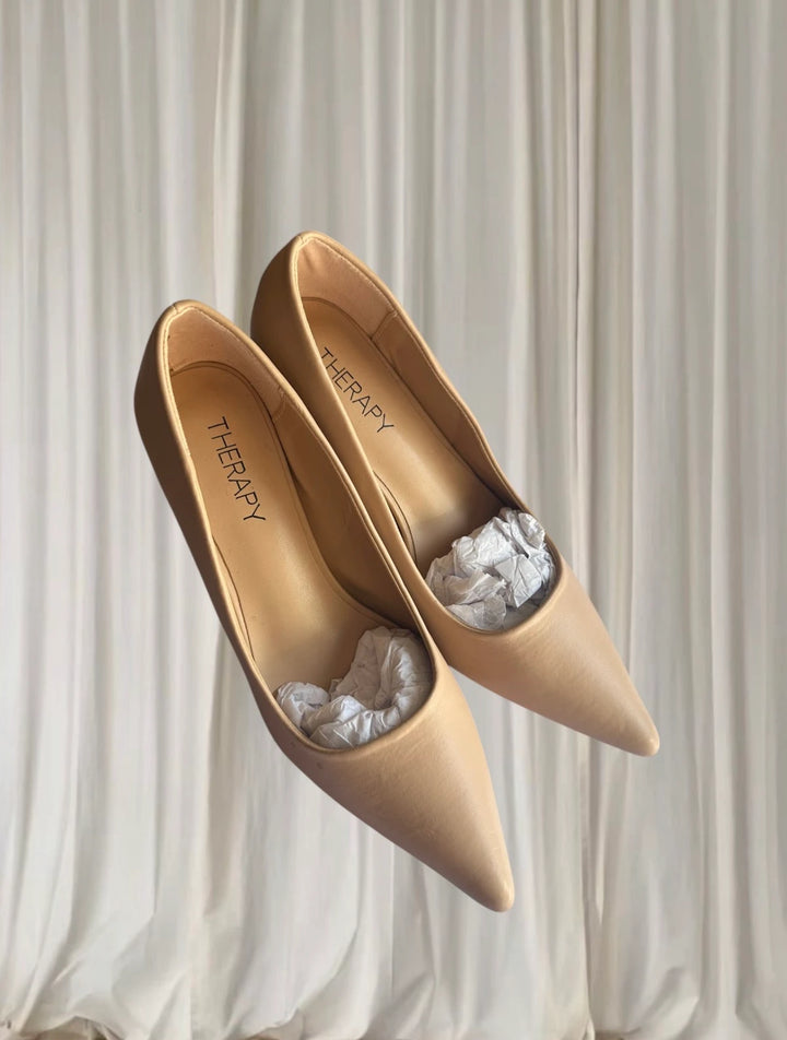 Therapy Pointed-Toe Heels - Beige Triangular Block Heel - Image 1