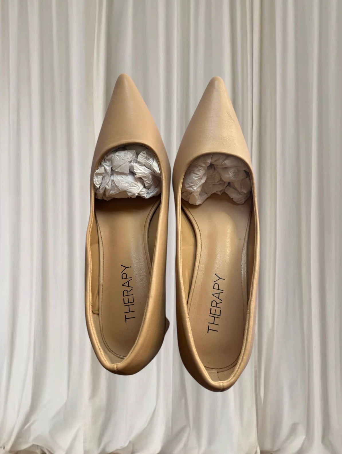 Therapy Pointed-Toe Heels - Beige Triangular Block Heel - Image 6