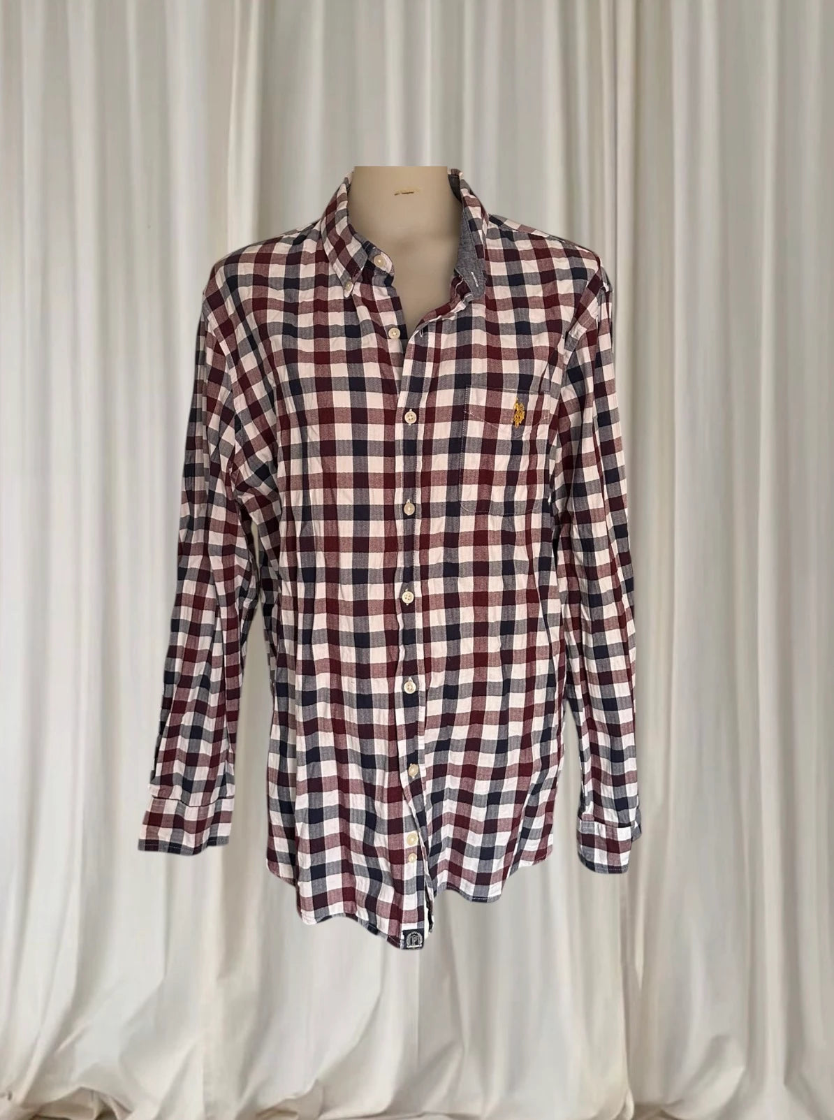 U.S. Polo Assn. Men's Long-Sleeve Shirt - Maroon and Navy Checkered Cotton - Image 1