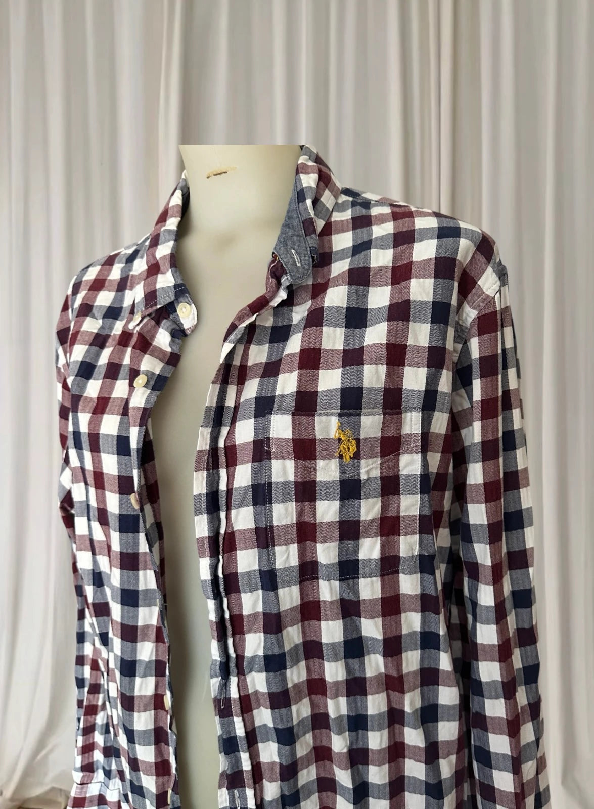 U.S. Polo Assn. Men's Long-Sleeve Shirt - Maroon and Navy Checkered Cotton - Image 2