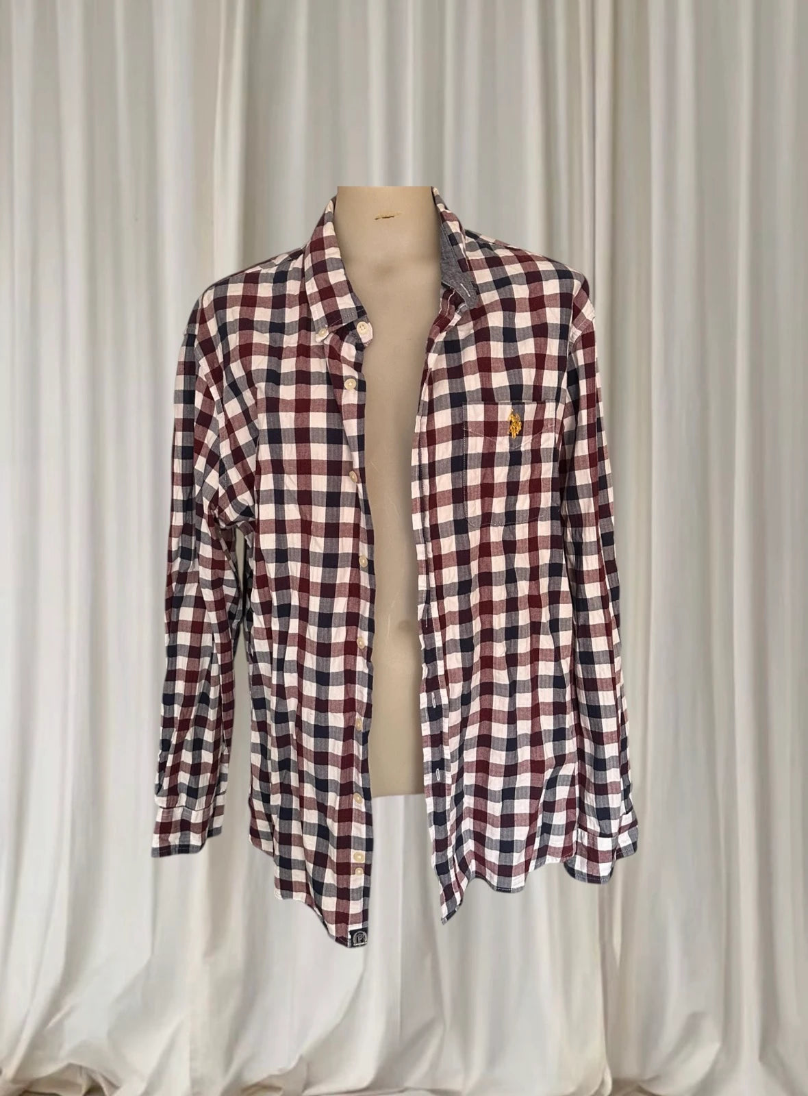 U.S. Polo Assn. Men's Long-Sleeve Shirt - Maroon and Navy Checkered Cotton - Image 3