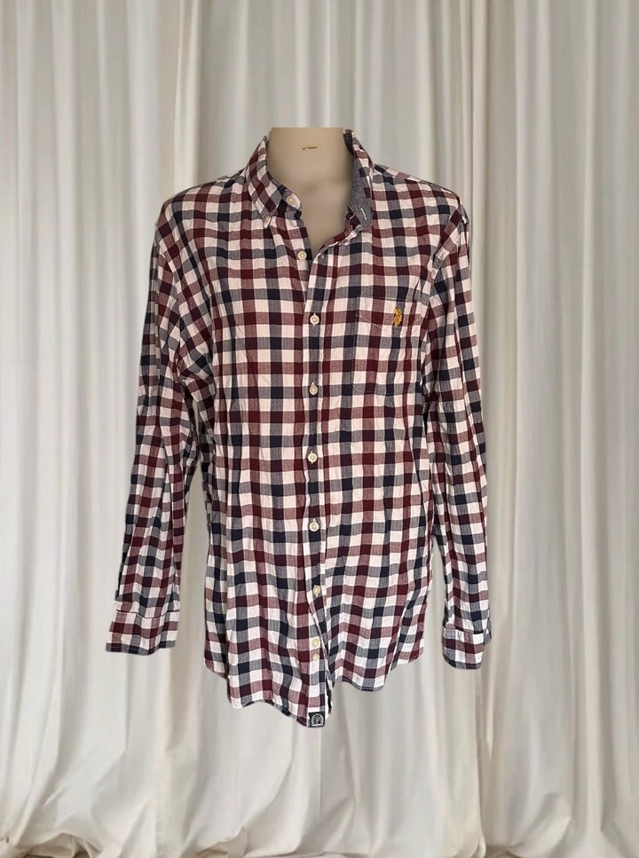 U.S. Polo Assn. Men's Long-Sleeve Shirt - Maroon and Navy Checkered Cotton - Image 1