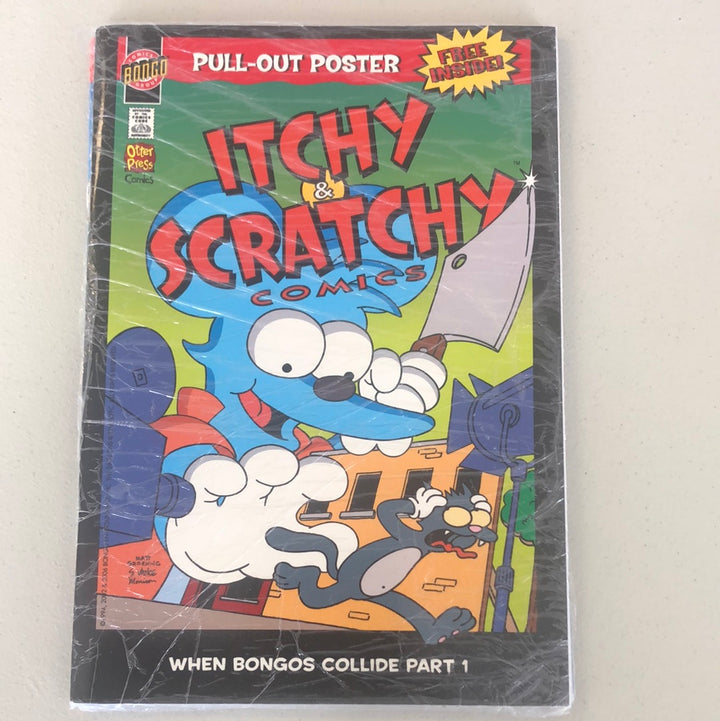 Issue #3 Preloved ‘Itchy and Scratchy Comic’ collectable. Itchy (the mouse), employing his usual arsenal of weaponry, chases Scratchy (the cat) in a round-the-world race.